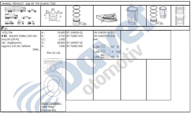 GOETZE 61045005G Motor Segmani Std Laguna I2.0i 16v Safrane 83.00mm
